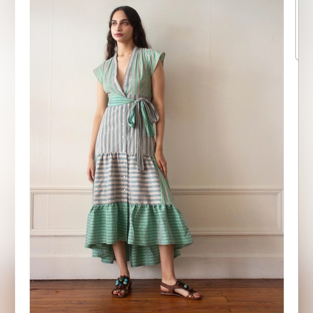 Sandro Paris Women's Green Striped Button Front Wrap Dress Size 36 - Picture 2 of 12